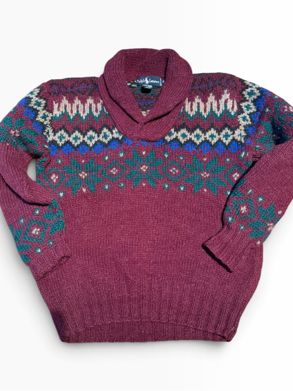 Vintage Ralph Lauren Plum Fair Isle Cowl Neck Sweater with Teal Accents S